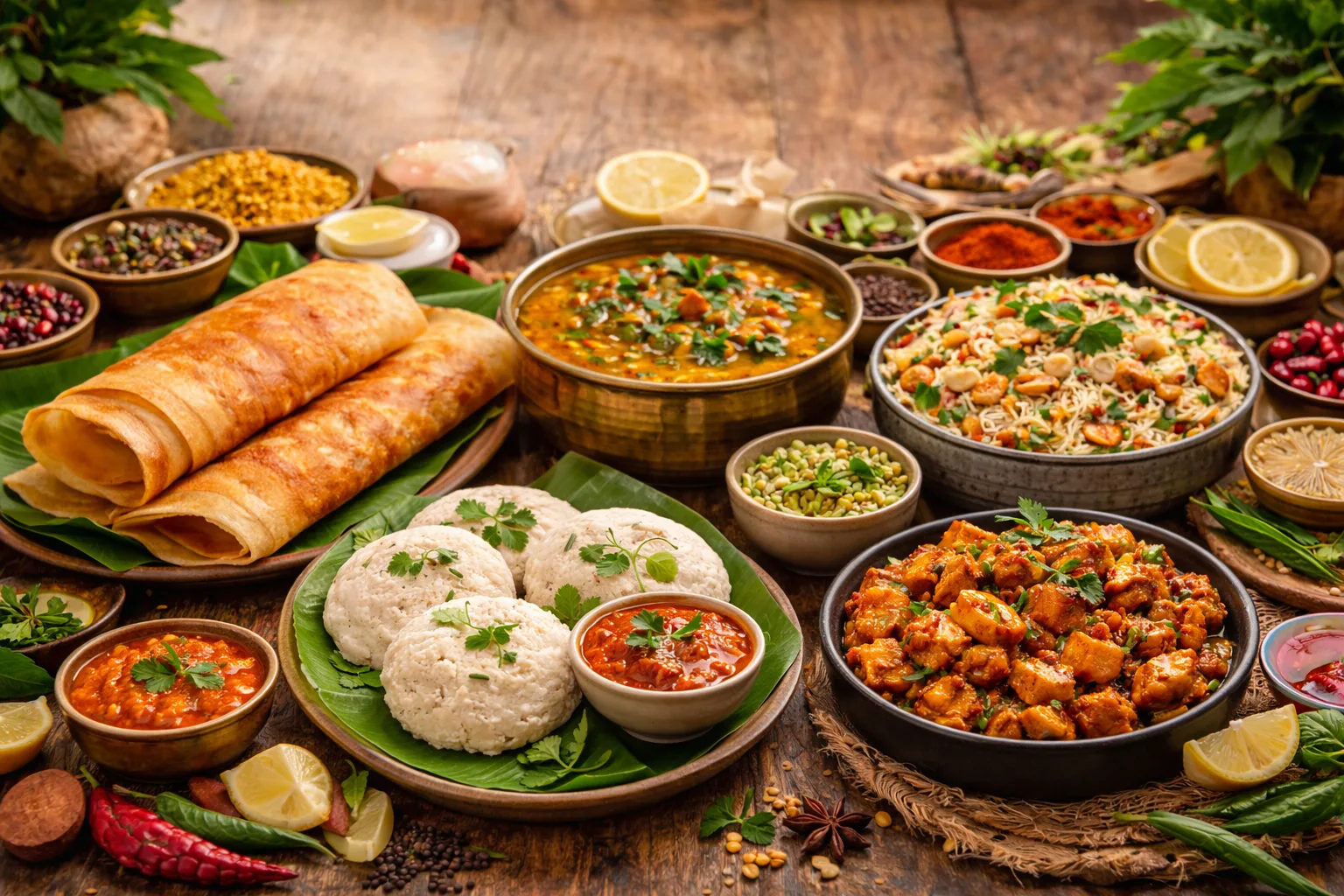 Healthy South Indian food with idli dosa sambar and traditional nutritious ingredients