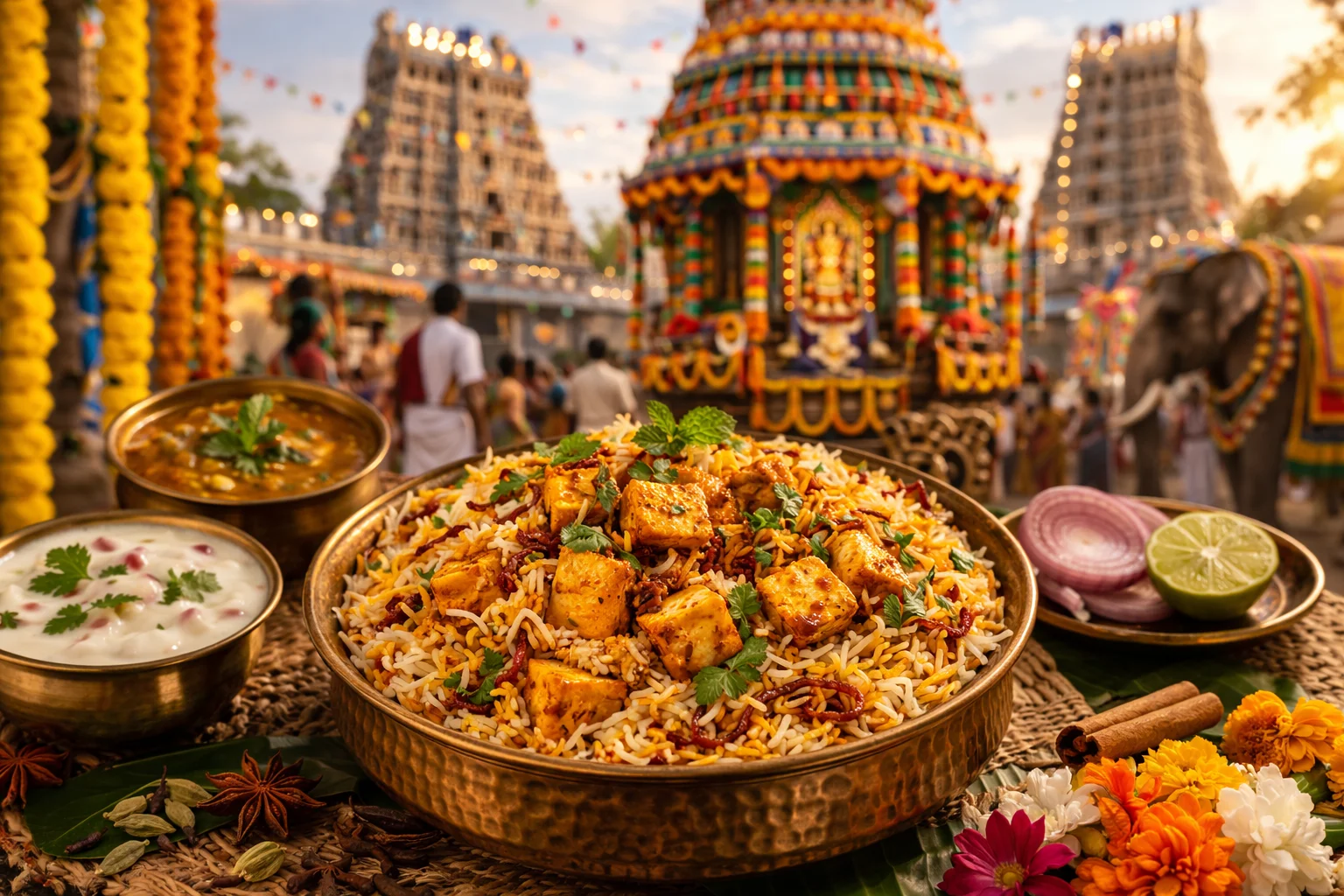 Paneer biryani for Chithirai Thiruvizha celebration with authentic South Indian flavors served in traditional style