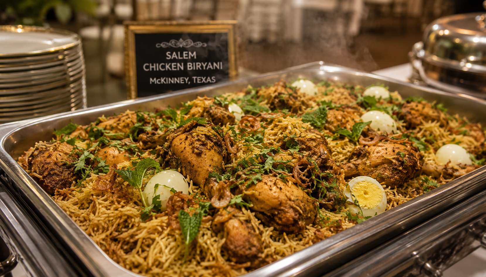 Salem RR Biryani catering setup with halal Indian food and Salem-style biryani served for family gatherings in McKinney Texas