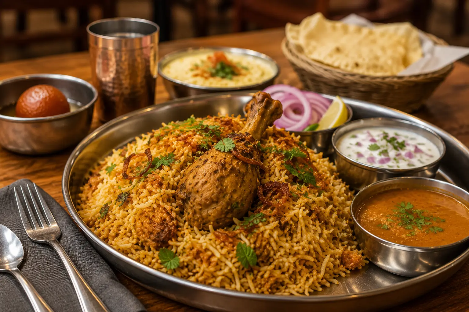 Authentic weekday biryani lunch combo served with appetizer, raita, and dessert in McKinney Indian restaurant